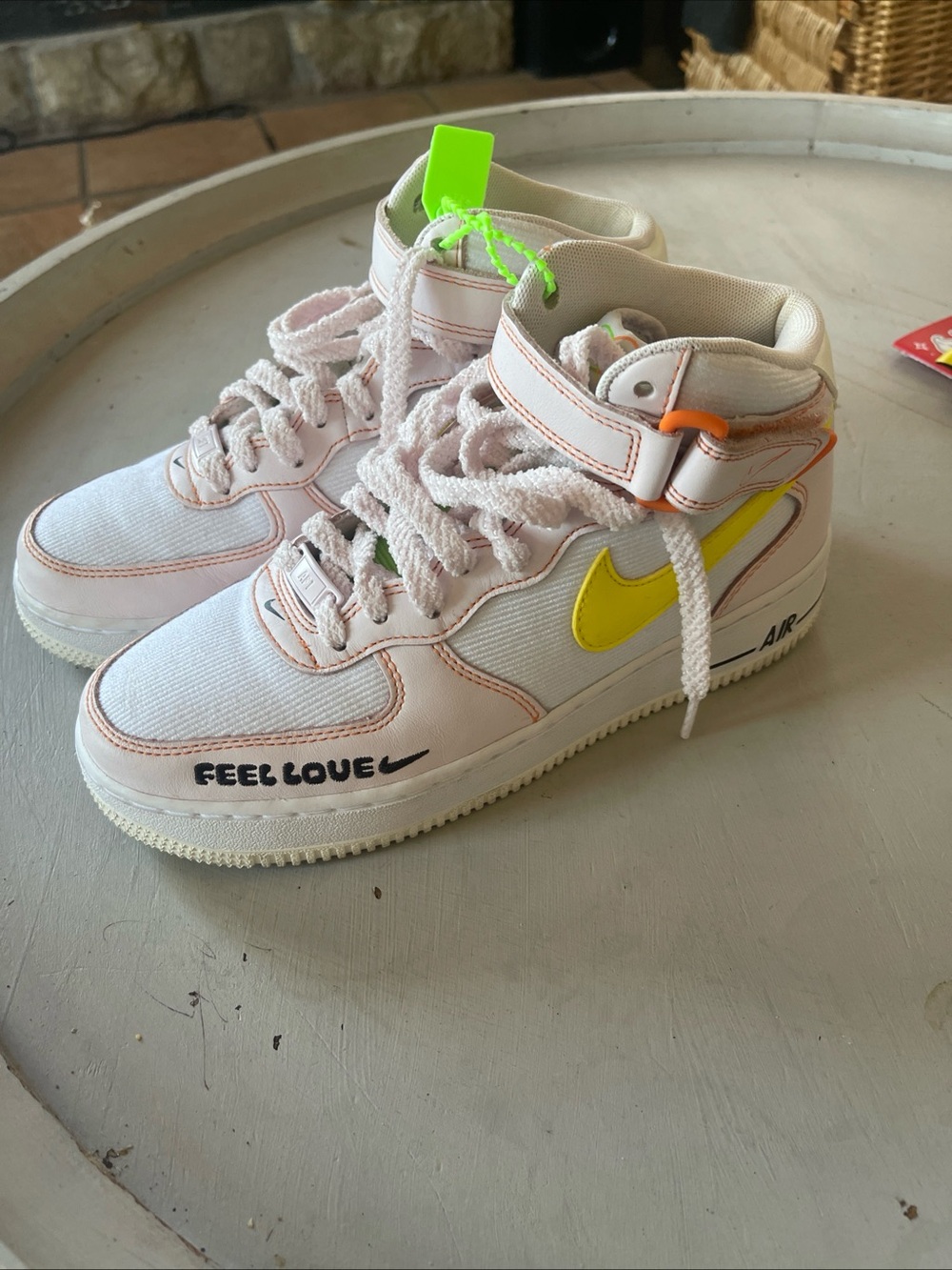Nike Kids High-Top Sneakers in White with Yellow Swoosh and Neon Accents